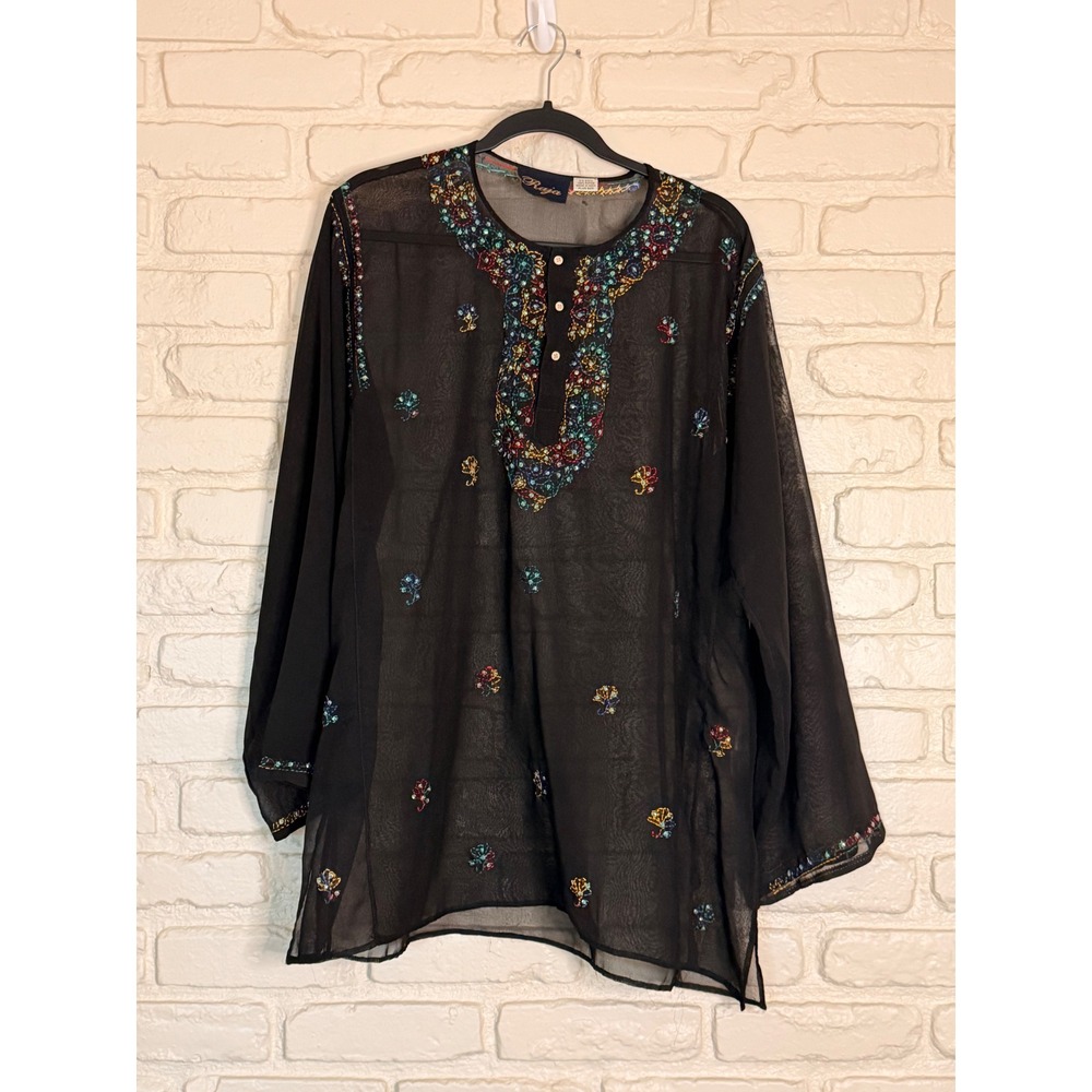 Raja Black Sheer Embroidered Sequin Tunic Top Plus Size Rayon India Boho Kurta
